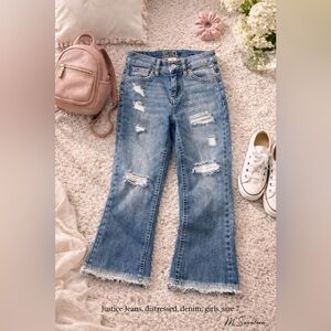 Justice Girls High-Rise Distressed Straight Leg Jeans Frayed Hem Blue Size 7
